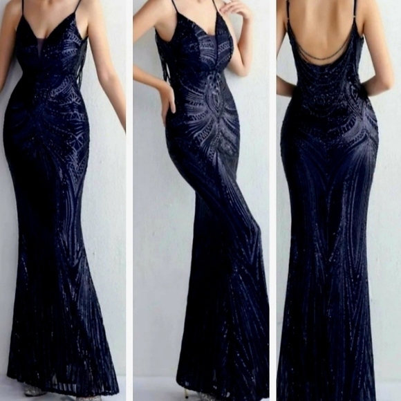 Navy, Geo Print, Sleeveless, Beaded Draped Back,  Contrast Sequined Merm… - Picture 1 of 13